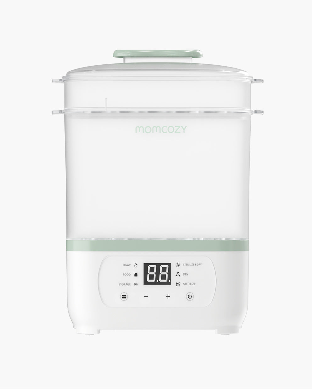 Momcozy 8-in-1 Baby Bottle Steam Sterilizer with digital LED display and multiple function buttons for storage, dry, sterilize, featuring green accents.