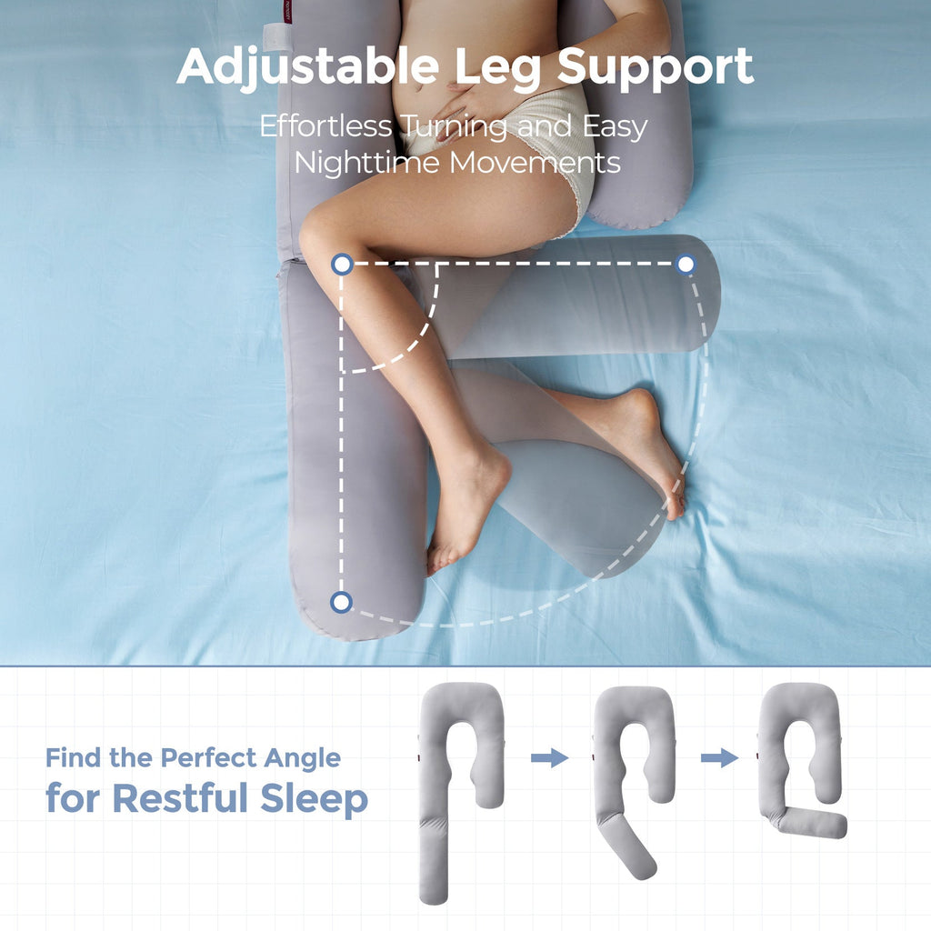 Momcozy Dreamlign pregnancy pillow for pregnant women, featuring adjustable leg support for easy, restful sleep.
